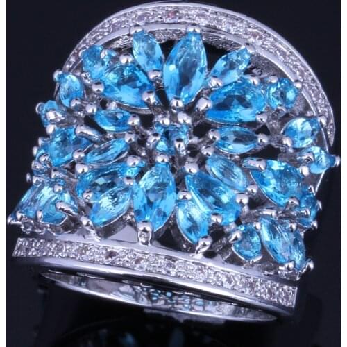 Astonishing Huge Sky Blue Cubic Zirconia White CZ Silver Plated Ring V0156
