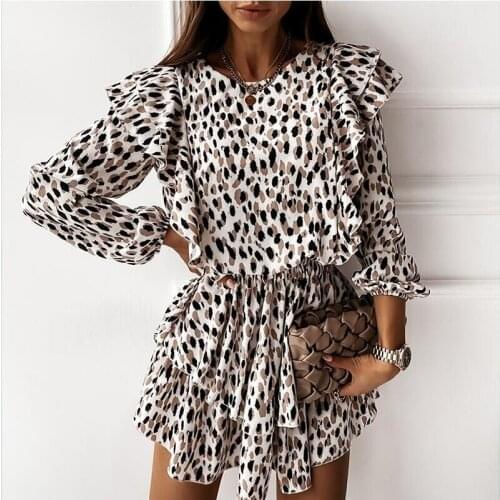 Cascading Ruffles Floral Short Dress Women Casual Long Sleeve A Line Leopard Print Dress Boho Elegant Mini Party Dress Vestidos