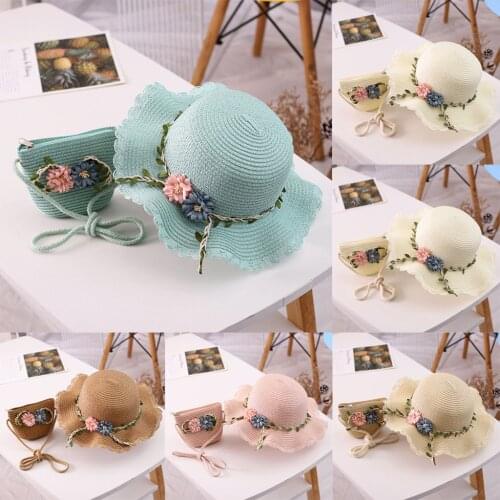 Summer Straw Hat Girls 2-8 Age Beach Hat Tourism Sun Hat Flower Children Sun Hat And Bag Set 2021 Adjustable Foldable Sun Hats