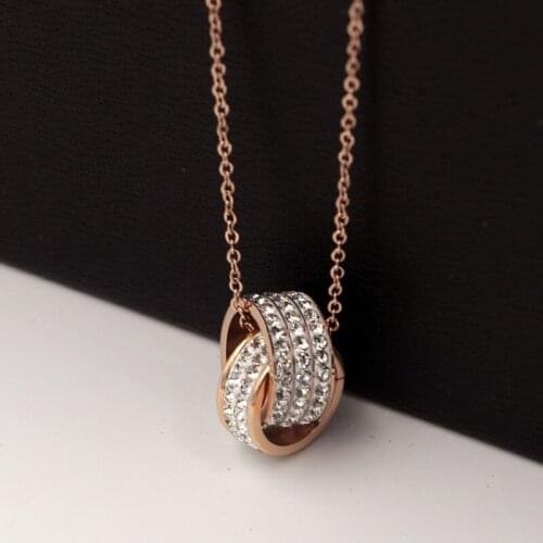 Fashion Stainless Steel Circle Crystal Pendant Necklaces Love Double Round Rose Gold Color Necklace Women Lady Party Gift