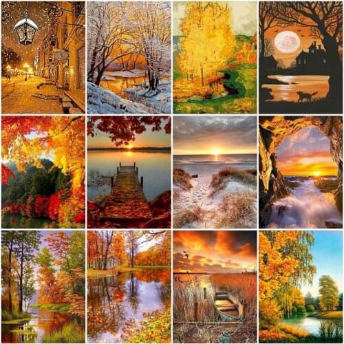 PhotoCustom Autumn Landscape Paint By Numbers Scenery DIY 40x50cm Oil Painting By Numbers On Canvas Frame Digital Hand Painting