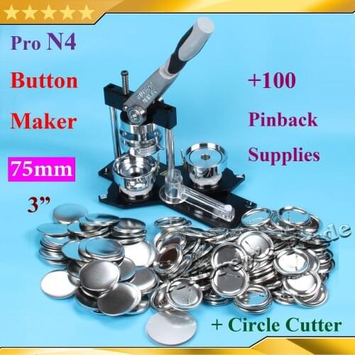 NEW Pro N4 3":75mm Badge Button Maker Machine + Adjustable Circle Cutter+100 Set Metal Pinback Button Supply