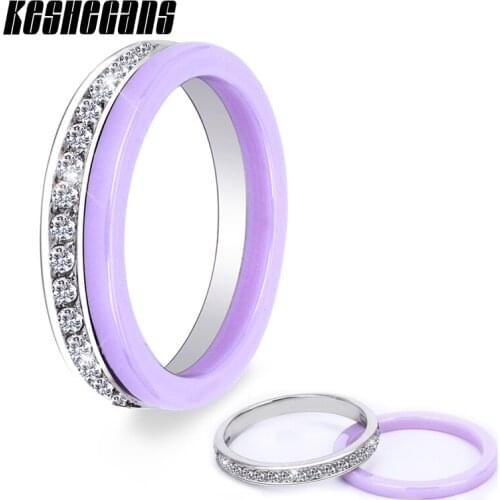 New 2pcs/set Purple Ring Sets Ceramic Stainless Steel With Bling Crystal Cubic Zirconia For Women Fashion Jewelry Wedding Party