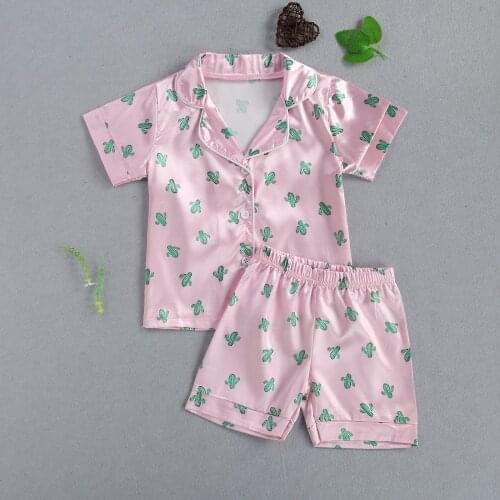 Kids Leisure Two Piece Pajamas Childrens Printed Lapel Collar Short Sleeve Shirt Elastic Waist Shorts 2-6 Years Skin-Friendly