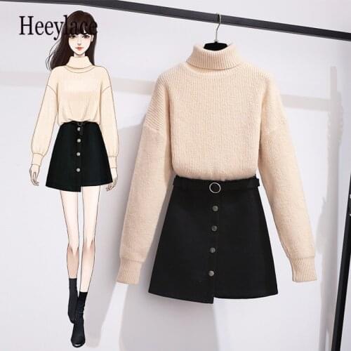 Autumn Winter 2 pieces shorts Skirt sets Korean Warm Turtleneck Knitted Pullover Sweater and Tweed Skirts 2 pieces sets Outfits