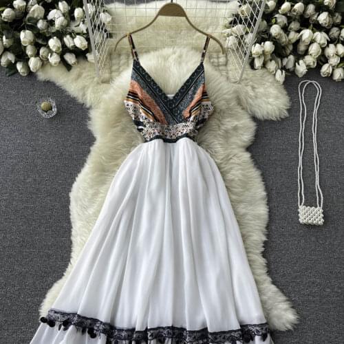 Vacation Vestidos Womens Summer Dress V-neck Retro Celebrity Style Print Stitching Chiffon Big Swing Suspender Midi Dress GL319