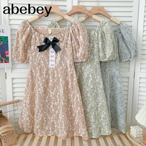 French style slash neck puff sleeve Dress three-dimensional bow decoration floral lace Dress 2021 New Summer Women