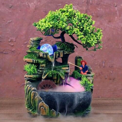 LED Lights Resin Fake Tree Flowing Water Fountain Rockery Feng Shui Waterfall Office Tabletop Desktop Spray Humidifier Bonsai