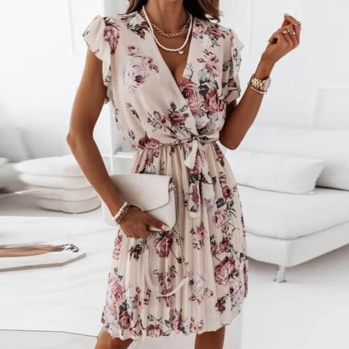 #Q4 Floral Ruffle Office Lady Dress Summer Ladies V Neck Short Sleeve Holiday Sundress Beach Bandage Chiffon Vintage Dress