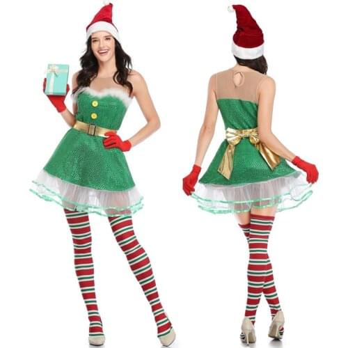 Mery Christmas Clothes Set Women Dress Sexy Mesh Patchwork Santa Claus Costume With Hat Socks Green Sequin Elf Xmas Party Dress