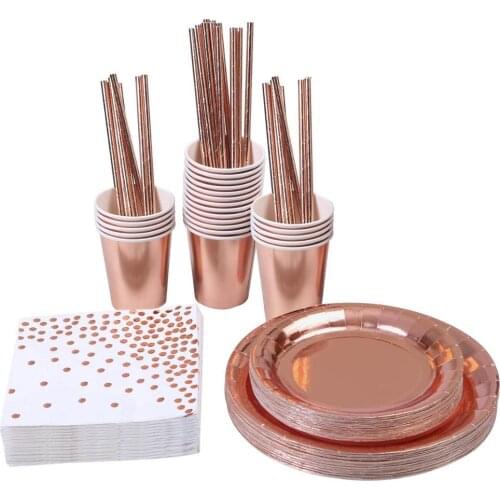 Rose gold Party Disposable Tableware paper Plate cup napkin straw 146pcs Wedding decoration marrige party decoration supplies