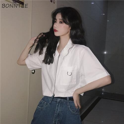 Shirts Women Casual Aesthetic Pocket Design Short Sleeve Simple Pure Cropped Zipper Lady College Trendy All-match Popular Summer