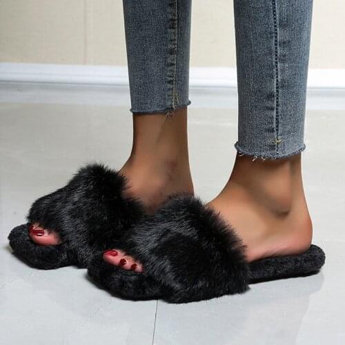Winter Women Home Slippers Faux Fur Fashion Warm Shoes Woman Slip on Flats Female Slides Black Pink Cozy Home Furry Slippers