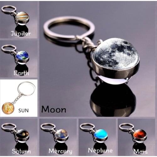 Solar System Planet Keyring Nebula Space Keychain Moon Earth Sun Mars Art Picture Double Side Glass Ball Car Key Chain
