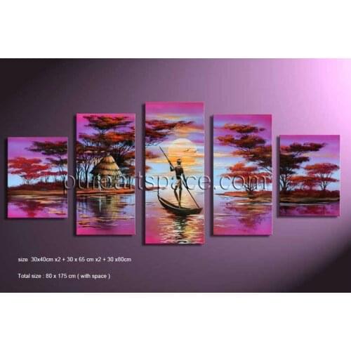 Modern Group Sunset Boat Purple Canvas Art Handpainted Oil Painting 5 Panel Picture Art No frame dropship and custom is welcomed