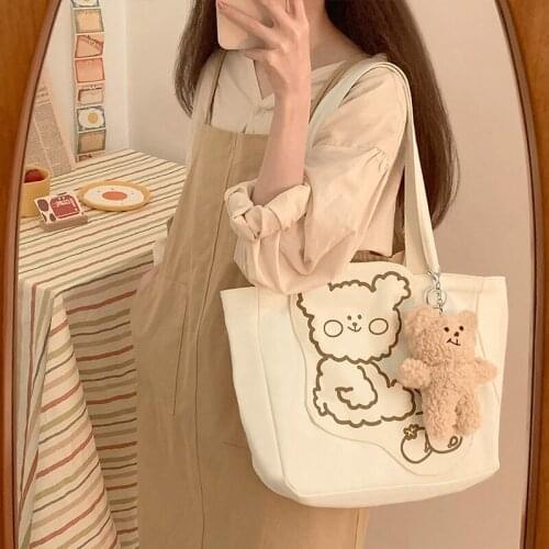 Kawaii Bear Women Shopper Shoulder Bag Cute Canvas Tote Female Handbags Large Capacity Shopping Beach Bags School Bag Pendent