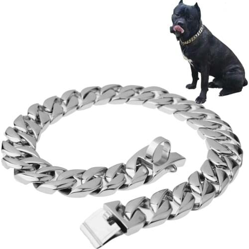 Tiasri Thick Stainless Steel Dog Chain Leash Large Dog Collar Silver Color Dog Necklace Choker Link Gift Training Rope 30mm Wide