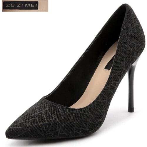 Woman basic High Heels Wedding Shoes Flock shallow Pointed Toe Classic Thin Heels 9CM Branch Pattern Women Pumps