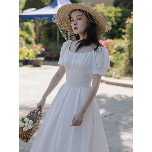 Mori Girl Style Vintage Bubble Short-sleeve Square Collar Slim High Waist Elegant Women Pleated White/red/balck Brief Dress Boho