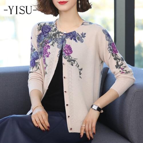 YISU Knitted sweaters Women 2021 New Spring Autumn Cardigan O-Neck Coat Long sleeve Sweater Loose Flowers Printed cardigan Women
