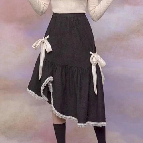 Women Lace Irregular Designer Korean Chic Skirt Patchwork Ruffle Casual Vintage Gothic Clothes 2021 Summer Black Elegant Skirt