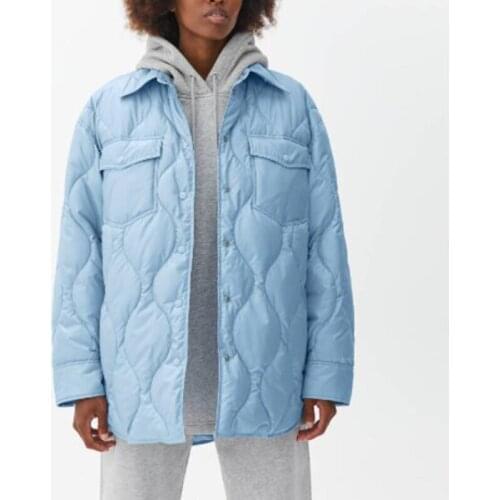 Holiwind 2021 Women Fashion Blue Single Breasted Loose Padded Jacket Coat Vintage Long Sleeve Pockets Female Outerwear Chic Tops