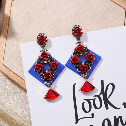 MENGJIQIAO New Baroque Style Ethnic Rose Flower Statement Drop Earrings For Women Blue Square Acrylic Vintage Oorbellen Jewelry