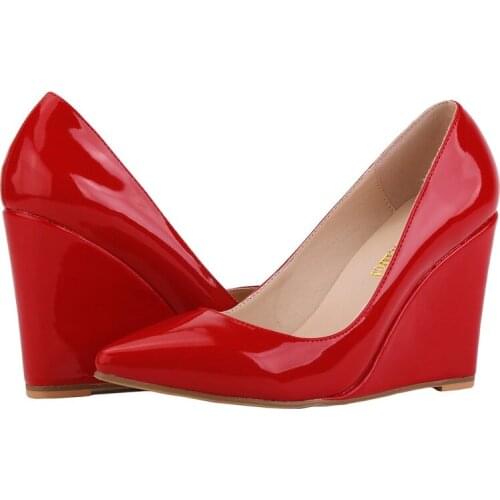 Women Wedges High heels Classic Fashion Female Pumps Sexy Party Pointed Toe Patent Leather 10CM Slip On 2020 size 35-42 red