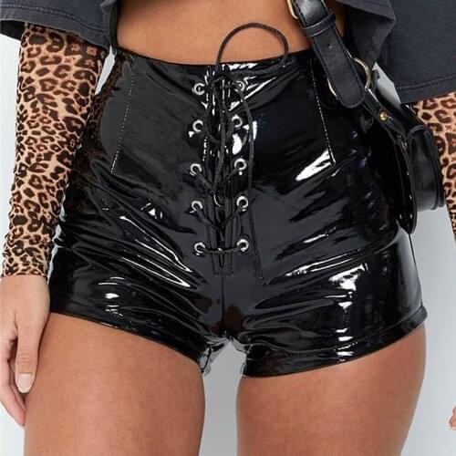 Women Leather Shorts Lace Up Wet Look Vinyl Shorts Sexy Slim Bag Hip High Waist Hot Girls Short De Mujer Latex Short Femme