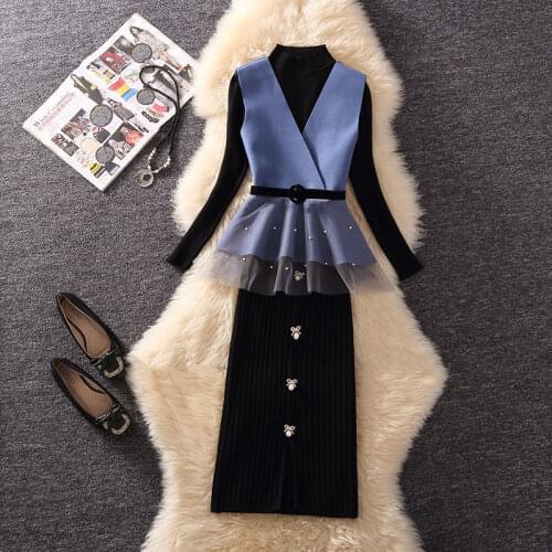 Women 2021 Autumn Fashion Sets Female Mesh Ruffled Vest + Knitted Tops Ladies Slim Package Hip Skirts Three-piece Suits R455