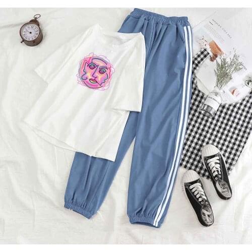 Pants Suit Fashion Korean Two Piece Set Women Trousers Women Streetwear Short Sleeve O-neck Crop Artistic Line Matching Sets