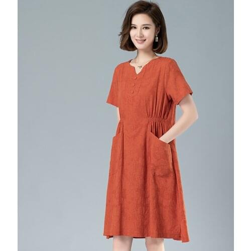 Chinese Style Casual V Collar Short Sleeve Plus Size 3XL Cotton Dress Women High Waist Double Pockets Loose Dresses 2021 Summer