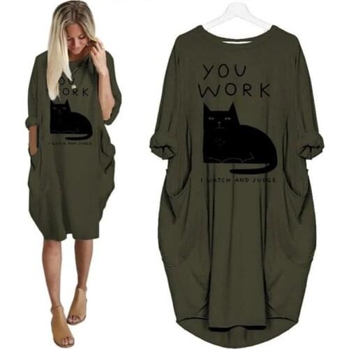 100% Cotton Pocket Dress U Work Cat Letters Print Dress Clothing Vintage Maxi Women Dresses Zanzea Vestido De Festa Plus Size