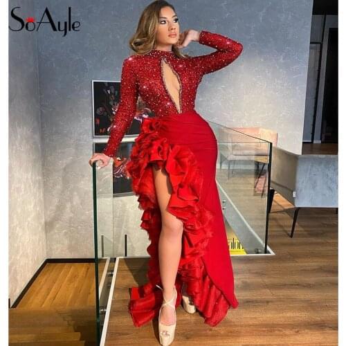 SoAyle Long Sleeves Bling Bling Evening Dresses Red Sequin Beading Sparkle Gorgeous Prom Gowns Slit Ruflles Arabia Fashion