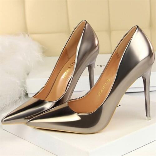 2021 Plus Size 43 Women 10.5cm High Heels Patent Leather Pumps Stripper Quality Escarpins Lady Silver Stiletto Party Dress Shoe