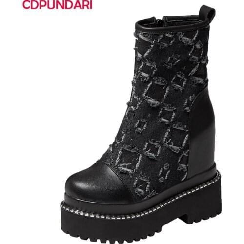 Black Genuine Leather Patchwork Denim Wedges Ankle Boots Women Autumn Winter High Heels Platform Boots Shoes Bottes Plateforme