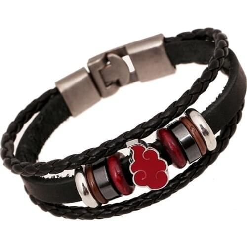Anime Akatsuki Member Red Cloud Leather Bracelet Hand chain Leaf Konoha Village Ninja Kakashi Logo Bracelet for Women Men