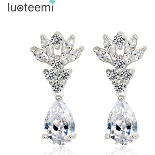 LUOTEEMI Brand Gift! Princess Crystal Earrings Jewelry Popular Korean Female Pure White Zircon Stone Bridal Wedding Earrings