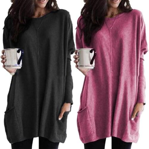Casual Loose Plus Size Women T-Shirt Top Solid Color O-Neck Long Sleeve T-Shirt Tunic Top with Pockets For Womens Clothing
