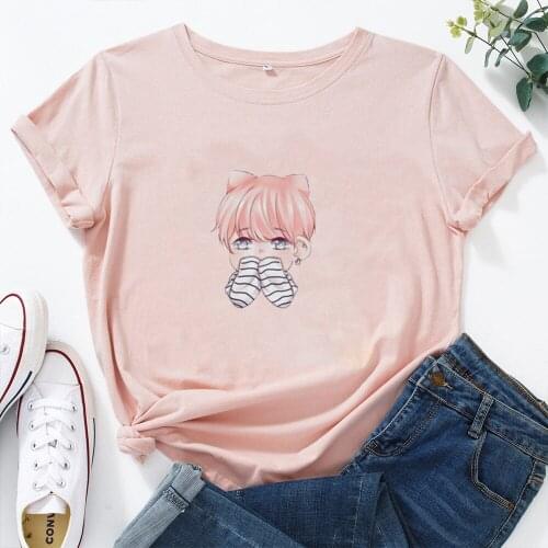Cute Cartoon Print Pattern T Shirt Women O-neck Loose Cotton Woman Tshirt Top Fashion Harajuku Short Sleeve Graphic Tees Women
