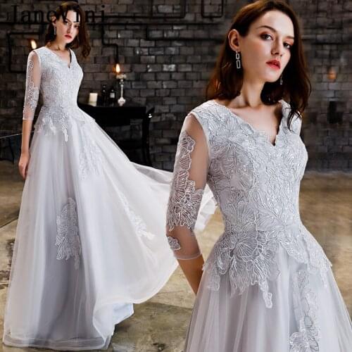 JaneVini 2019 Elegant Silver Gray Long Prom Dresses with Sleeves V Neck Lace Appliques Sequined Floor Length Tulle Formal Dress