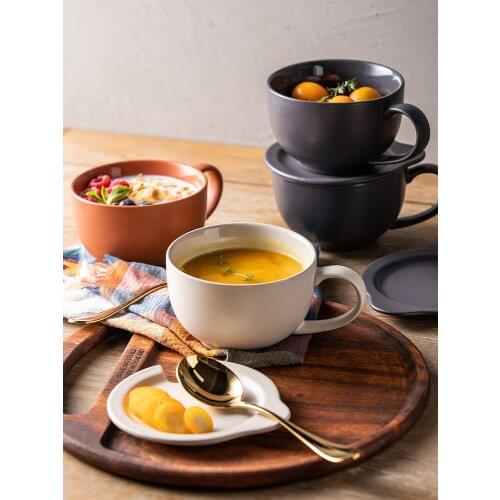 Mug with lid spoon set ceramic simple water cup Nordic style home breakfast milk oatmeal cup coffee mug 450ml small cover bowl