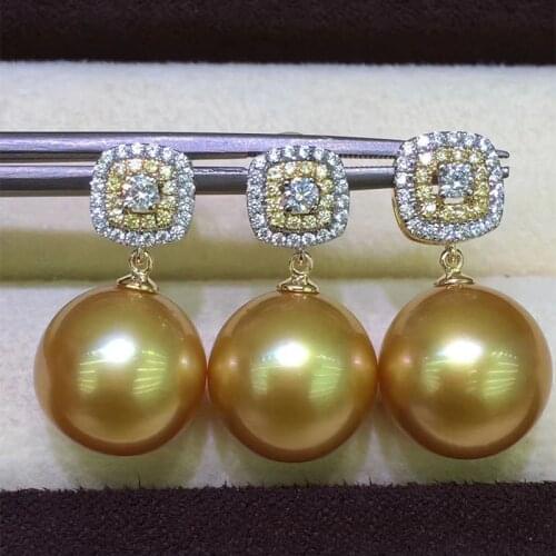 HENGSHENG 11.5-12mm Round Natural-Ocean Golden Pearls 14k Gold Zircon Earring/ Pendant Jewelry Set Luxury Gifts For Women