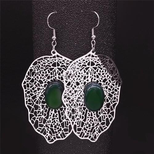 Leaf Green Natural Stone Stainless Steel Bohemian Drop Earrings Women Silver Color Earring Jewelry boucle doreille femme EXS04