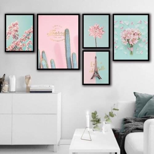 Nordic Posters And Prints Wall Art Tower Pink Flowers Canvas Painting Wall Pictures For Living Room Decor
