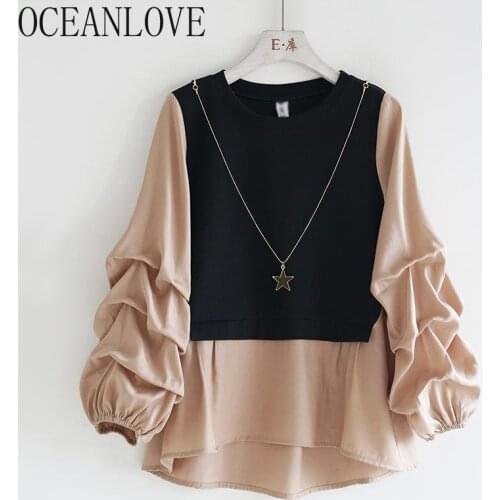 OCEANLOVE Fake 2 Pcs Women Shirts Patchwork Autumn Puff Sleeve Vintage Ropa Mujer 2021 Japan Style Sweet Blusas Loose Tops