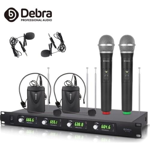 Debra Audio D-140 4 Channel with Handheld & Lavalier & Headset Mic UHF Wireless Microphone System for karaoke