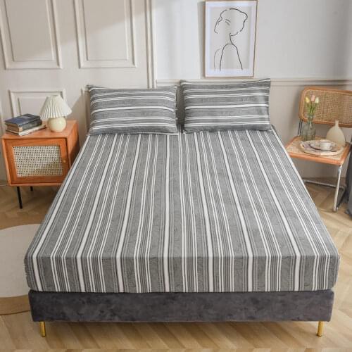 Bonenjoy 100%Cotton Bed Cover Double Nordic conjunto de cama Gray Striped Bed Sheet with Elastic Bed Linen Cotton(No Pillowcase)