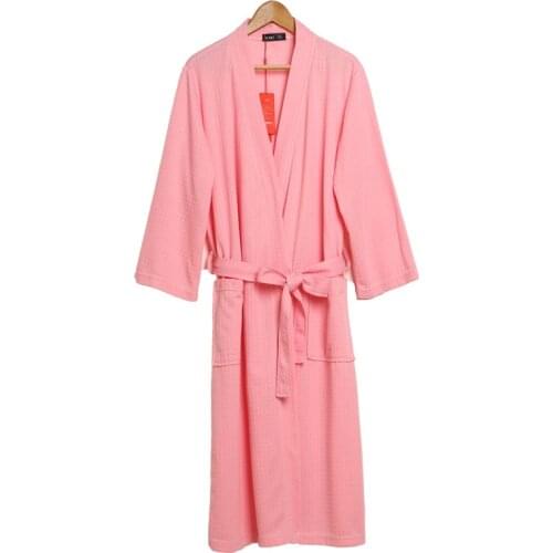 Pink long robe bathrobe Cotton Women Robe Waffle Robe Female Sleepwear Lounges халат домашний soft sexy Home wear night robe