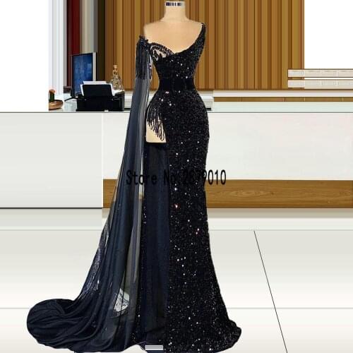Sexy Black Sequin Evening Dresses Illusion O Neck High Split Evening Gowns Custom Made Long Robes